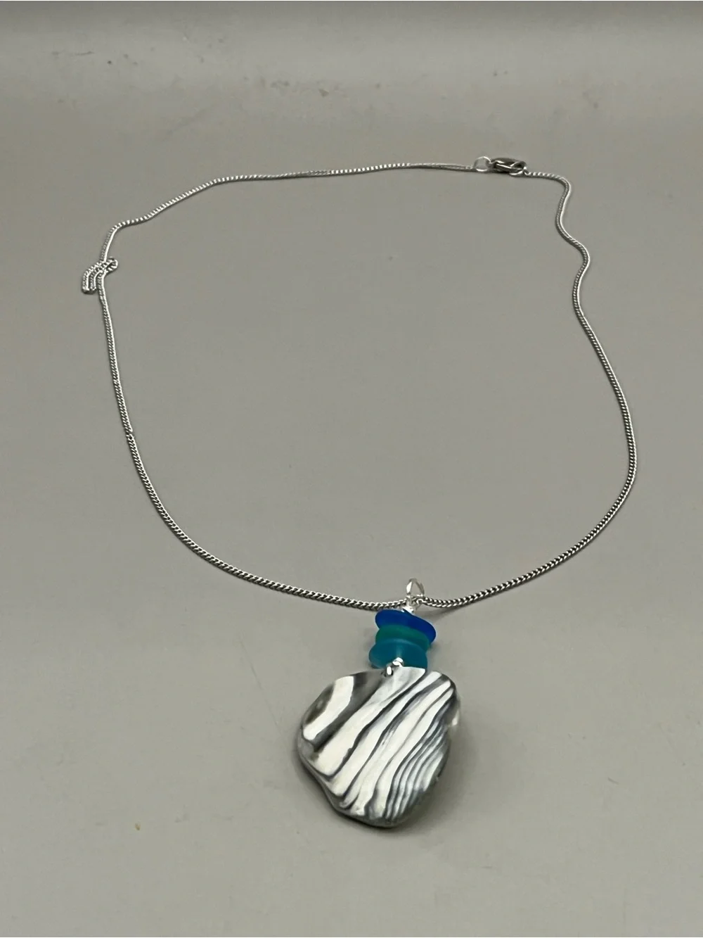 Wampum Shell Pendant Necklace Silver Tone Sea Glass Blue Green Coastal Beach